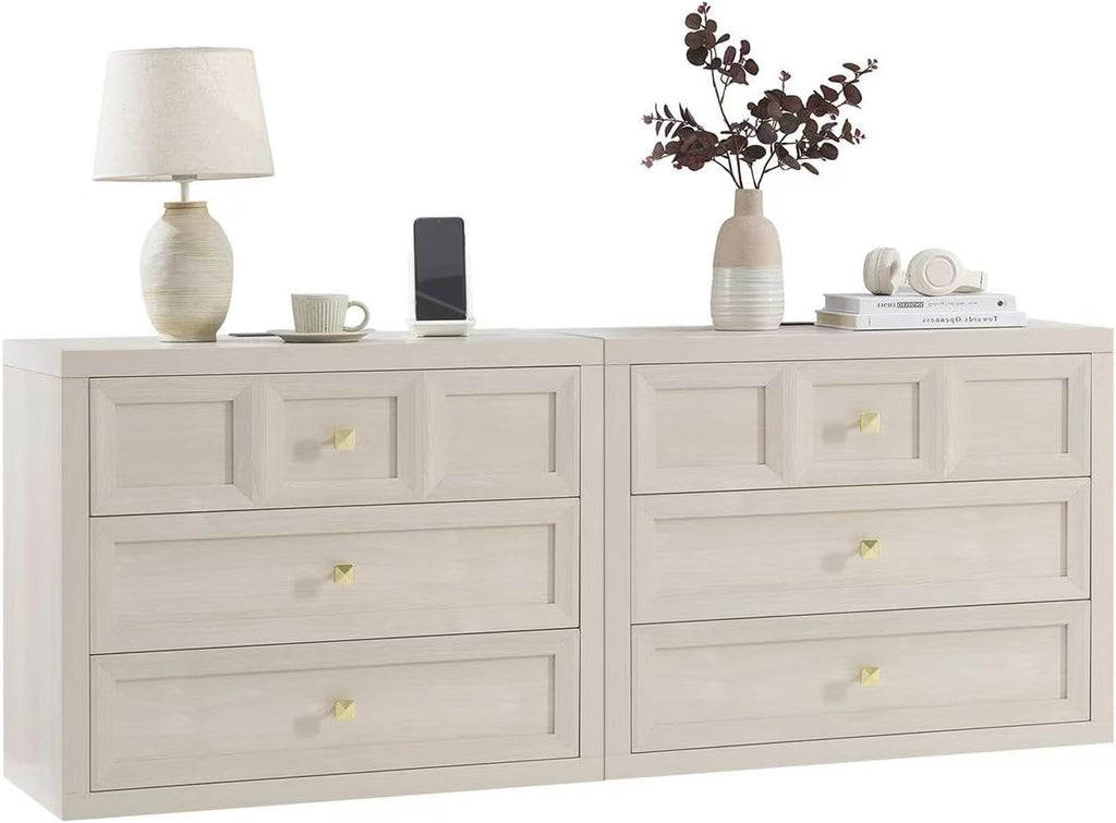 3 Drawers Nightstand Set of 2 W/Charging Station, 30.7' W King Size Bedside Table with 3 Drawers, Accent End Table W/Large Storage, Modern Wood Side Table for Bedroom,Office (2 Pieces, Beige)