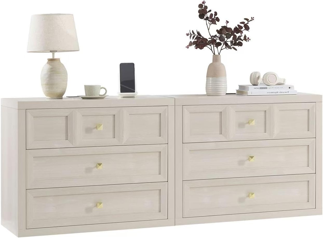 3 Drawers Nightstand Set of 2 W/Charging Station, 30.7' W King Size Bedside Table with 3 Drawers, Accent End Table W/Large Storage, Modern Wood Side Table for Bedroom,Office (2 Pieces, Beige)