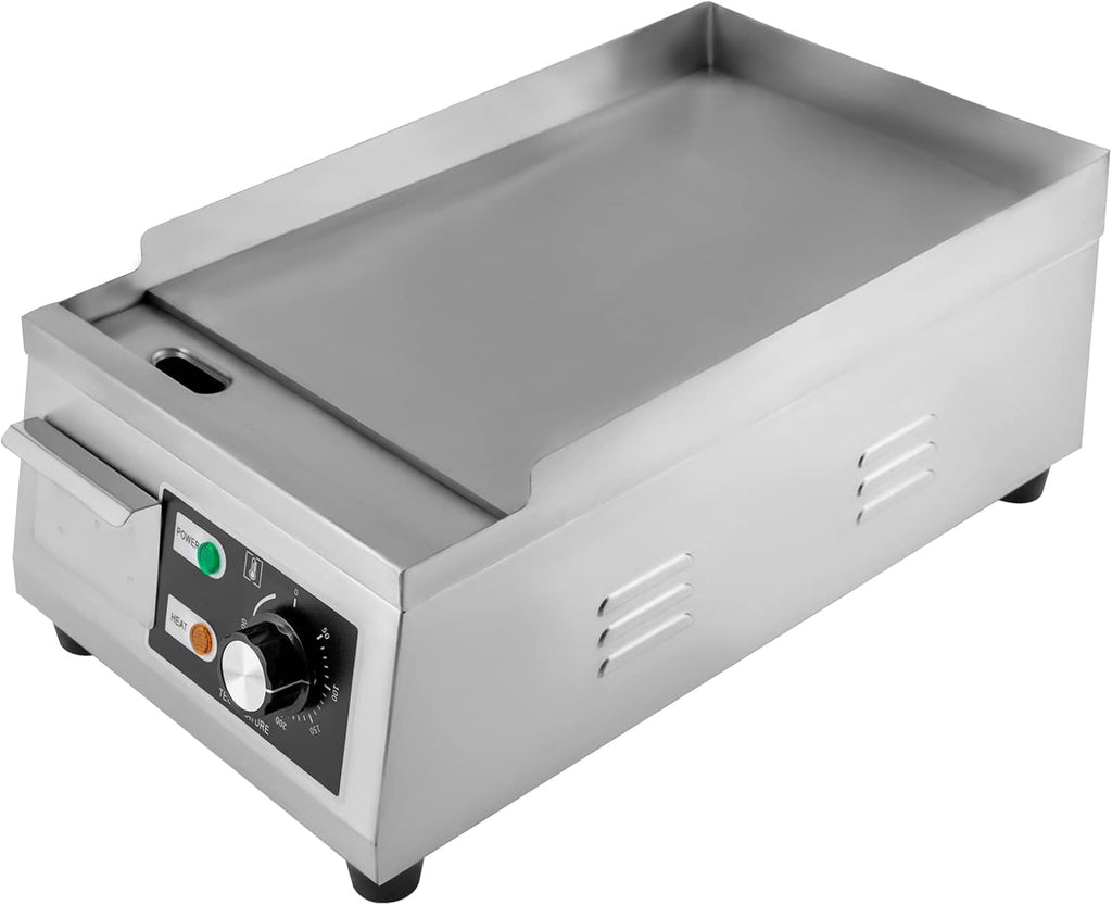 Electric Countertop Flat Top Griddle 110V 1300W Commercial Teppanyaki Grill 11'x15.7' Stainless Steel Commercial Flat Top Grill Thermostatic Control 122-572°F for Restaurant Kitchen