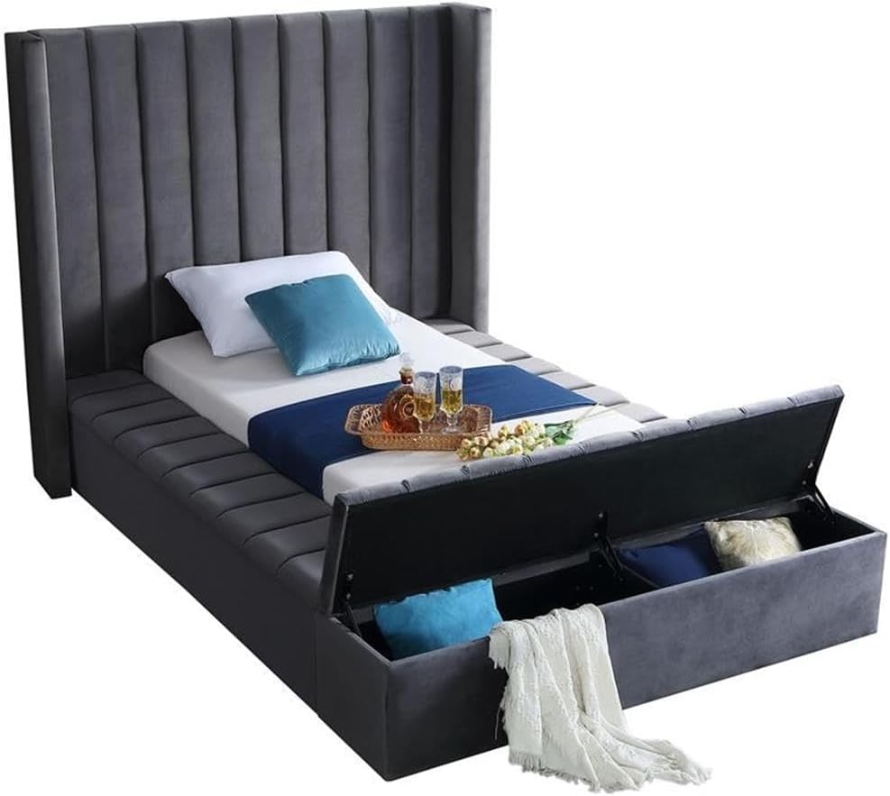 Meridian Furniture Kiki Collection Modern | Contemporary Velvet Upholsterd Bed with Channel Tufting, Siderails and Footboard Storage Compartments, Twin, Grey