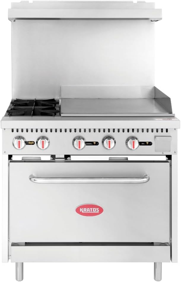 Kratos 36' Wide Commercial Gas Range with 24' Griddle, 2 Burners, and Full Size Oven, Stainless Steel Range for Restaurants, 130,000 BTU, Liquid Propane (29Y-047-LP)