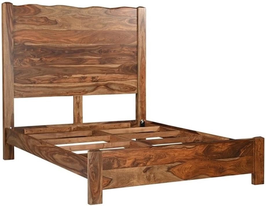 Pemberly Row Queen Panel Bed, Solid Sheesham Wood, Brown Finish, Live Edge Design, 63' H x 64.5' W x 86' D, Durable Wooden Slats, Mid-Century Style, No Mattress, Box Spring Required, Bedroom Furniture