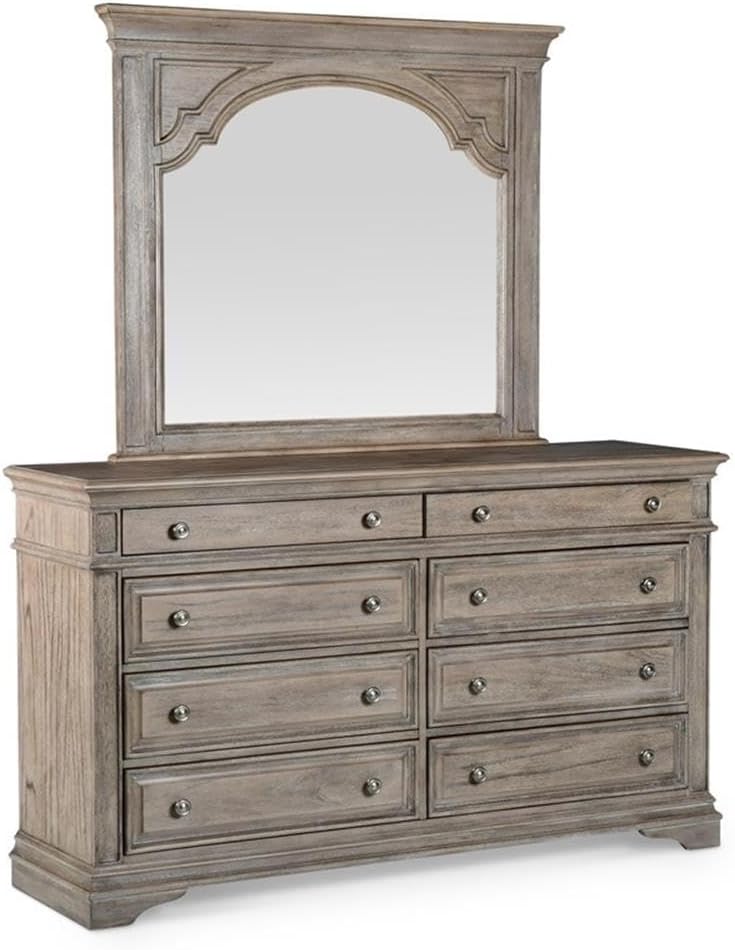 Pemberly Row Solid Wood Queen Panel Bed, Driftwood Gray Finish, Upholstered Button Tufted Headboard, Cream Fabric with Antique Brass Nail Trim, Elegant Vintage Bedroom Furniture 68' H x 67.5' W x 90'