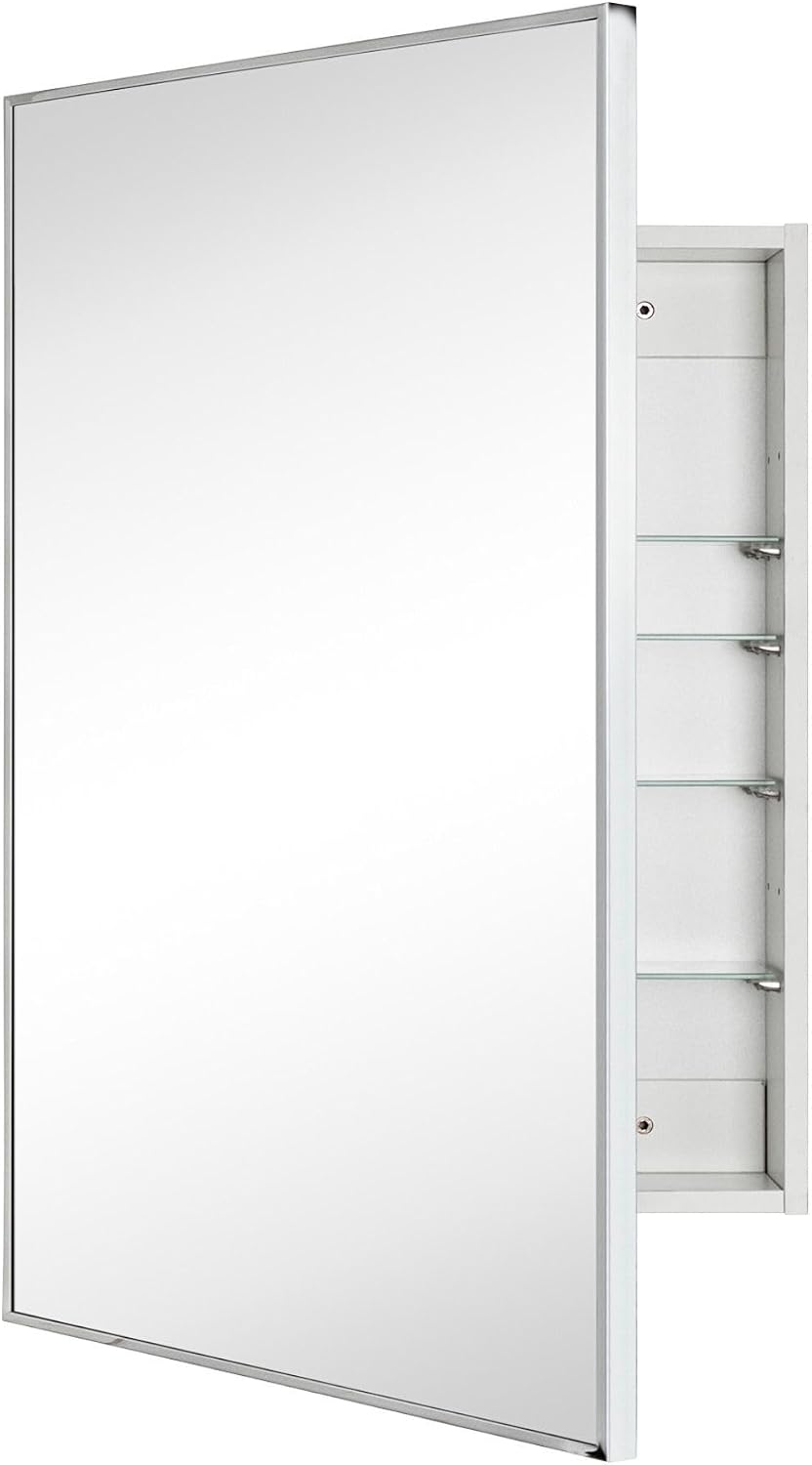 TEHOME 24'' x 30'' Chrome Recessed and Surface Mount Bathroom Medicine Cabinet with Mirror Square Cornered Metal Framed Rounded Rectangle Medicine Cabinet Mirror