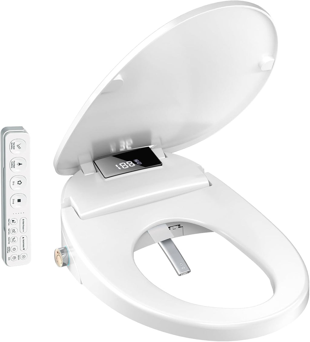 WLJBIDET Electric Heated Bidet Toilet Seat with Remote Control, Adjustable Warm Water & Pressure, Air Drying, Self-Cleaning Nozzle, Oscillating Cleaning, Display Screen, Slow Closed Lid - Round