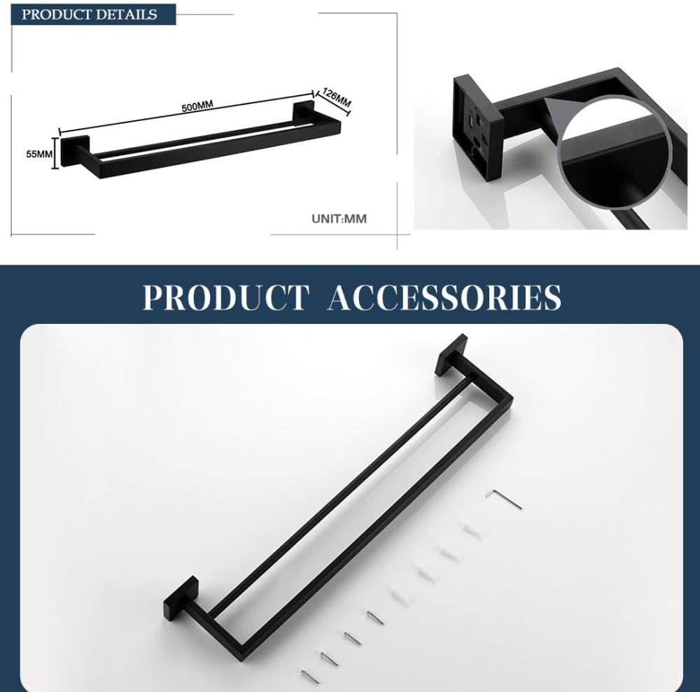 Black Bathroom Accessories Stainless Steel Set Wall Rack Towel Rack Towel Rack Tissue Holder Clothes Hook Toilet Brush Pendant,Double Towel Bar
