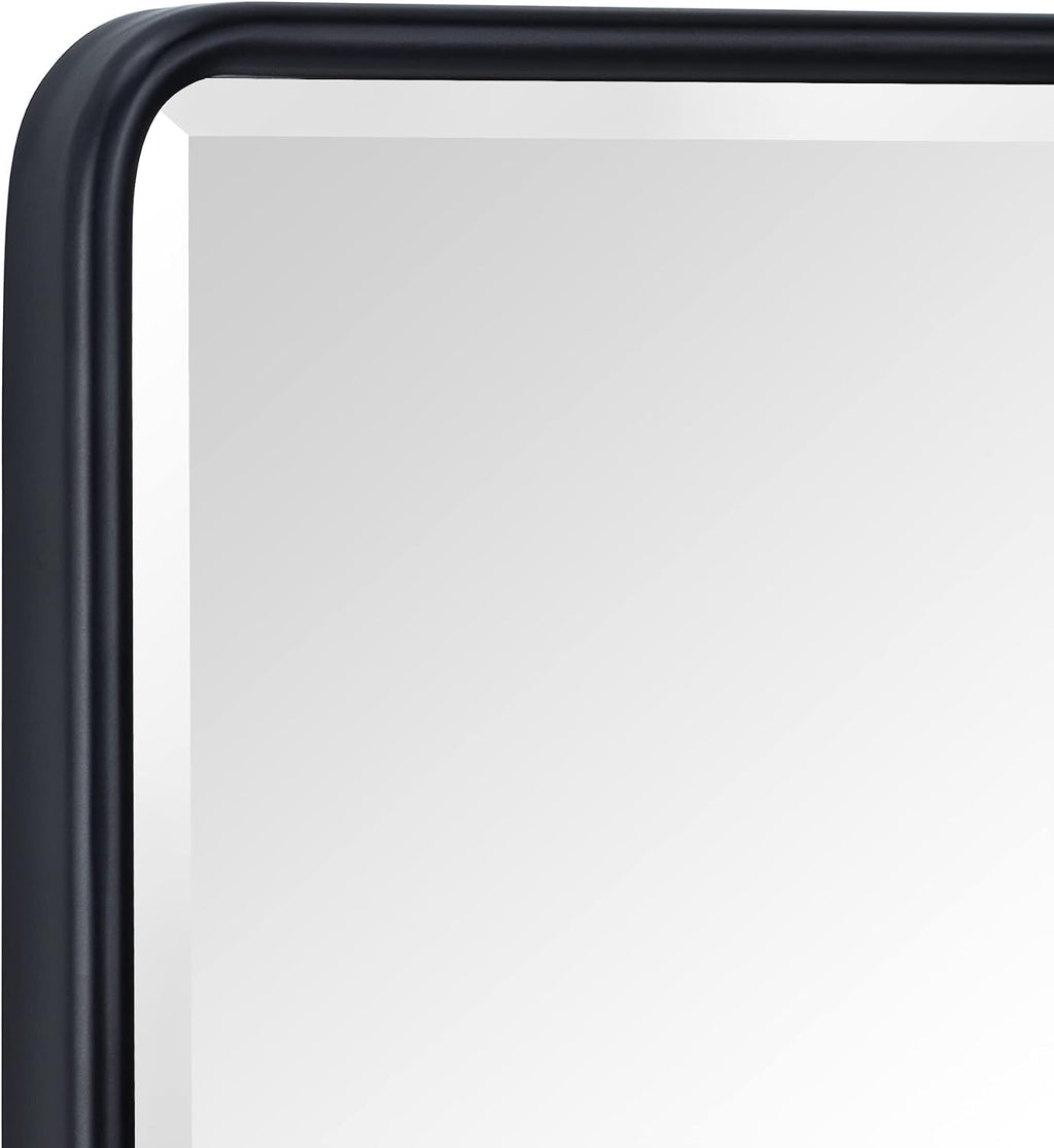TEHOME Farmhouse Black Metal Framed Recessed Bathroom Medicine Cabinets with Mirror Rounded Rectangle Medicine Cabinet with BeveledMirros,16.5x27.5''