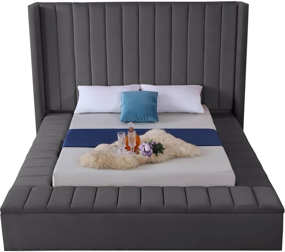 Meridian Furniture Kiki Collection Modern | Contemporary Velvet Upholsterd Bed with Channel Tufting, Siderails and Footboard Storage Compartments, Full, Grey