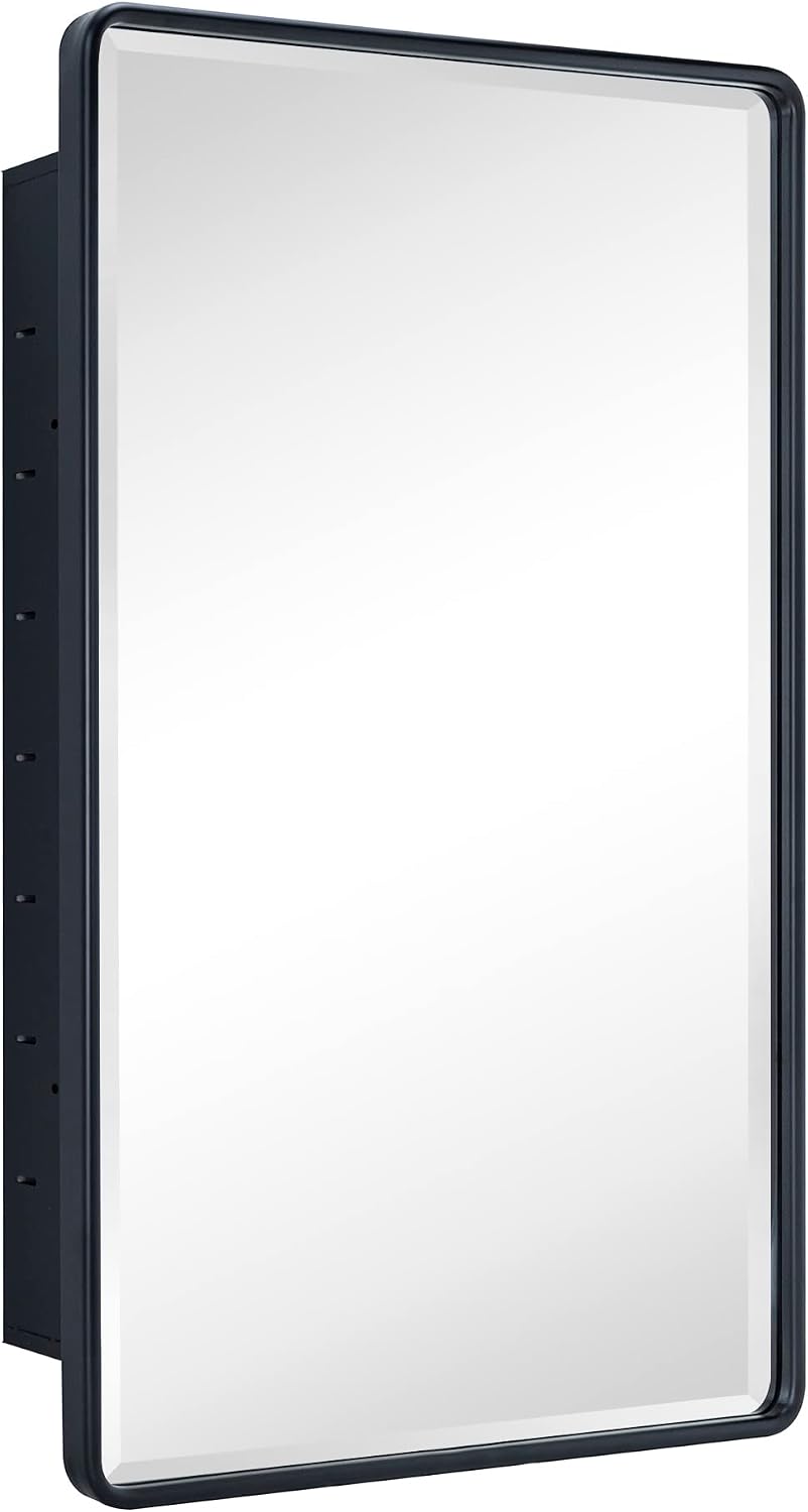 TEHOME Farmhouse Matt Black Recessed Bathroom Medicine Cabinet with Mirror Rounded Rectangle Metal Framed Medicine Cabinet with Beveled Mirror 20x30''