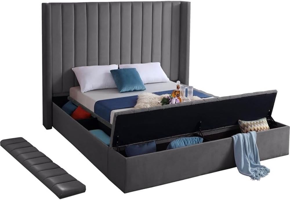 Meridian Furniture Kiki Collection Modern | Contemporary Velvet Upholsterd Bed with Channel Tufting, Siderails and Footboard Storage Compartments, Full, Grey