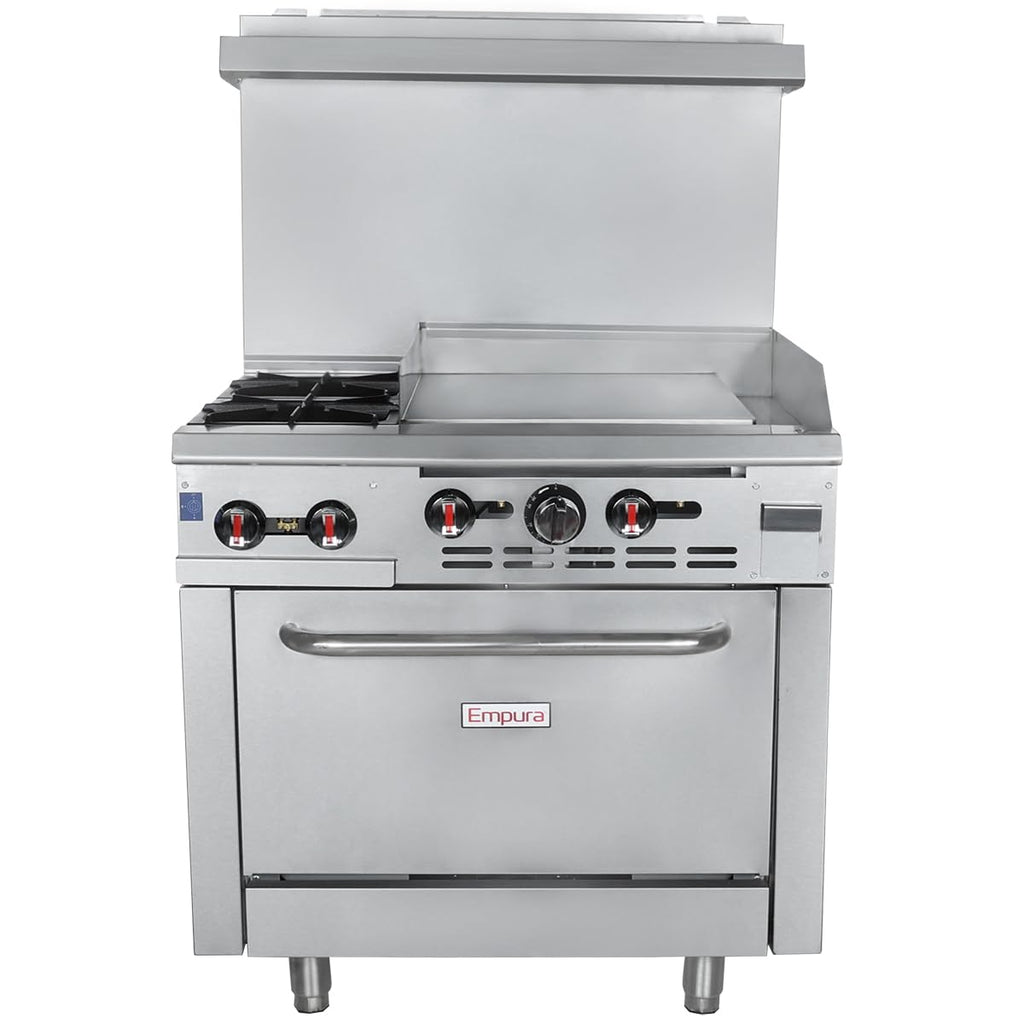EMPURA 36' Freestanding Natural Gas Range | Cooking Stove with Single Standard Oven (2) Cast-Iron Open Burners and 24' Right Side Griddle | 130,000 BTU | 36'W x 32-1/4'D x 60-3/8'H, Stainless Steel