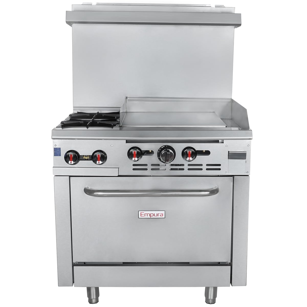 EMPURA 36' Freestanding Natural Gas Range | Cooking Stove with Single Standard Oven (2) Cast-Iron Open Burners and 24' Right Side Griddle | 130,000 BTU | 36'W x 32-1/4'D x 60-3/8'H, Stainless Steel
