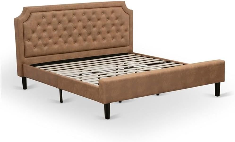 East West Furniture GB28K-2HI0M 3-Piece Granbury Bedroom set with Button Tufted King Bed and 2 Antique Mahogany Mid Century Nightstand - Brown faux Leather with Brown Texture and Black Legs