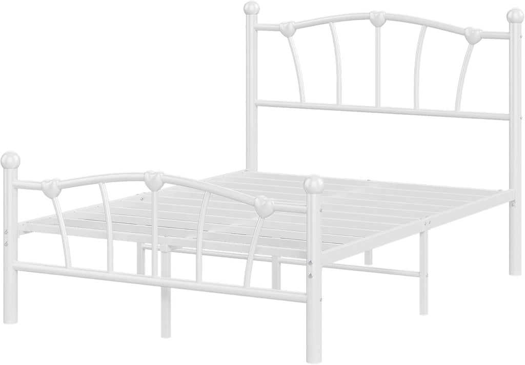 GarveeHome Full Size Bed Frame, Heart Shaped Metal Bed Frame with Headboard and Footboard, Platform Bed Frame with Sturdy Slat Support, Underbed Storage Space, No Box Spring Needed, White