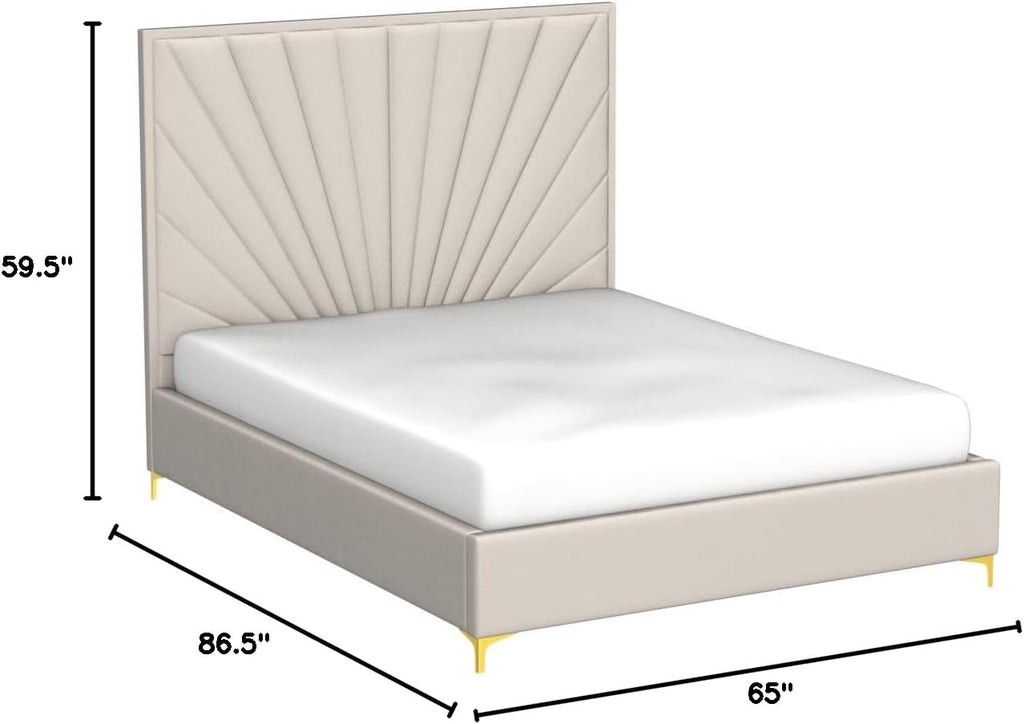 Meridian Furniture Eclipse Collection Modern | Contemporary Velvet Upholstered Bed with Channel Tufted Design and Complete Sets of Gold and Chrome Legs Included, Queen, Cream