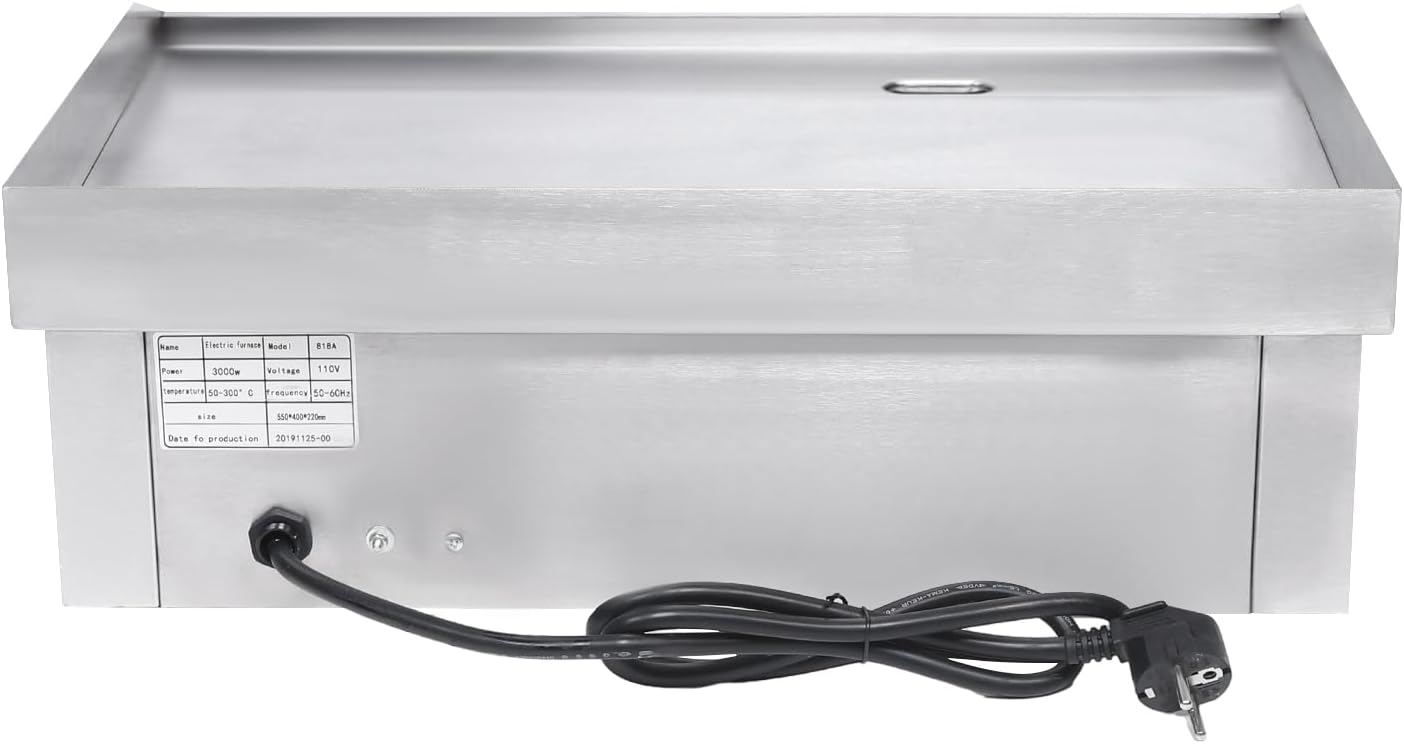 Commercial Electric Grill 110V 3000W Countertop Flat Top Griddle Nonstick Stainless Steel Teppanyaki Grill, Temperature Range 122-572°F for Restaurant, Canteen, Snack Bars 21.3'x11.8'