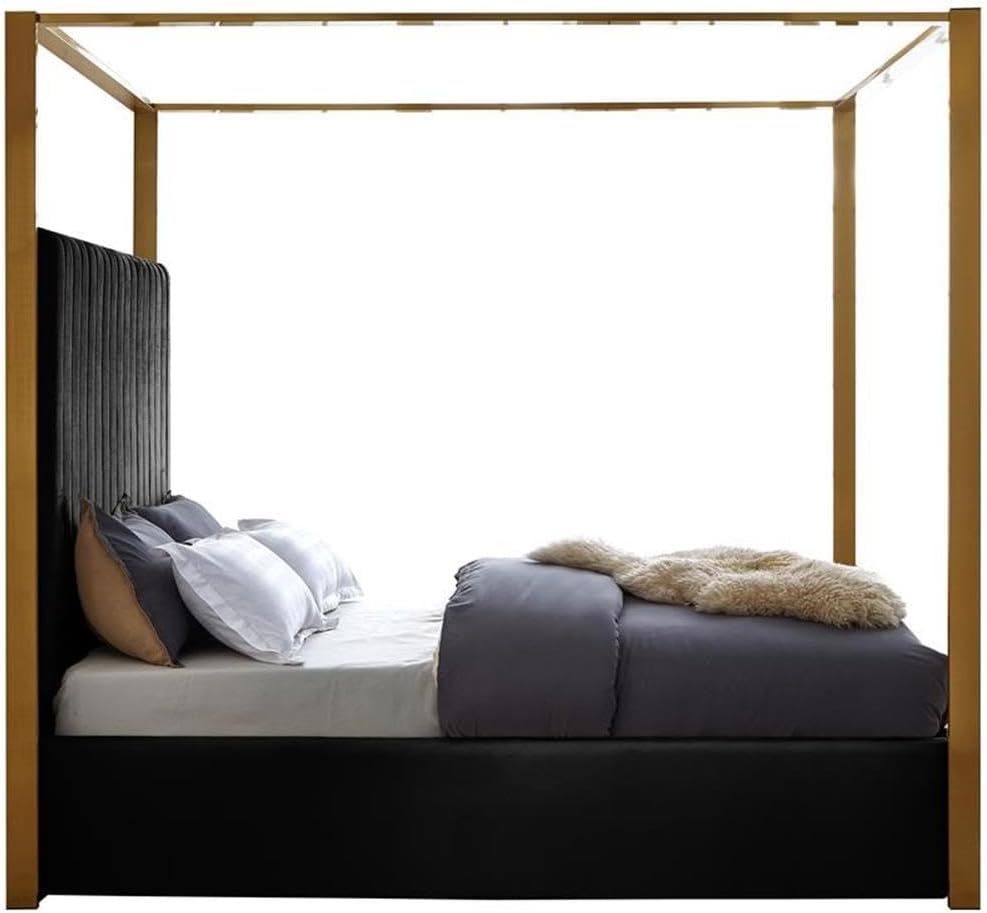 Meridian Furniture JonesBlack-Q Jones Collection Modern | Contemporary Upholstered Queen Bed, Black Velvet, Channel Tufting, Brushed Brass Frame, 66.5' W x 86.5' D x 79' H, Black, Queen