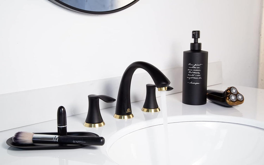 Black and Gold Bathroom Faucet 3 Hole, Lava Odoro 8 inch Widespread Bathroom Faucet 2 Handle Bathroom Sink Faucet Vanity Faucet with Drain Assembly Supply Line, BF405-GB