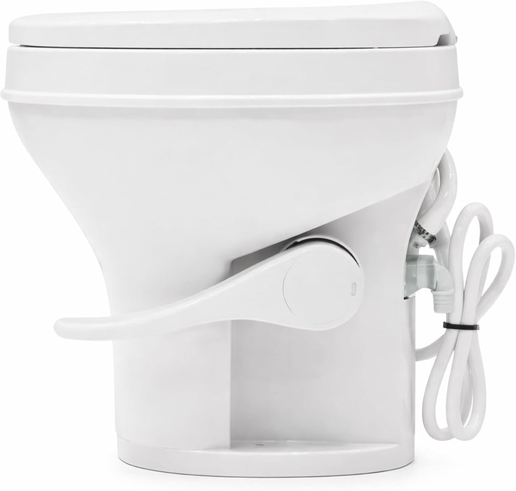 SEAFLO RV Toilet with Sprayer Attachment - White, 18.4' Residential Height, Gravity Flush Foot Pedal Camper Toilet Soft Close Seat Elongated Bowl Motorhome, 4-Year Warranty, SFRTPH-01-02
