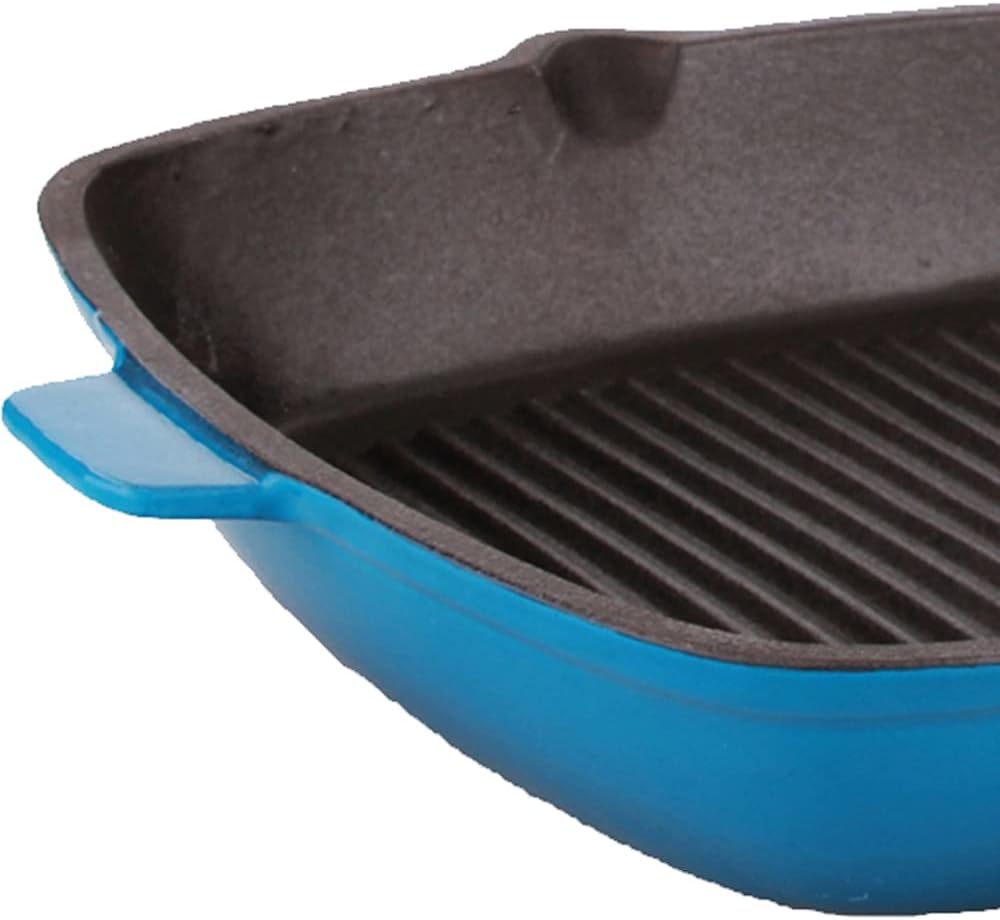 BergHOFF 3Pc Neo Enameled Cast Iron Cookware Set, 3qt. Dutch Oven, Matching Lid, Square Grill Pan 11 Inches, Oven Safe Up To 400°F, Blue