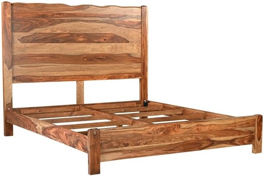 Pemberly Row Modern Live Edge Solid Wood King Panel Bed, Brown Finish, 63' H x 80' W x 86.5' D, Sheesham Wood, Natural Grain, Sturdy Design, Requires Box Spring, Bedroom Furniture