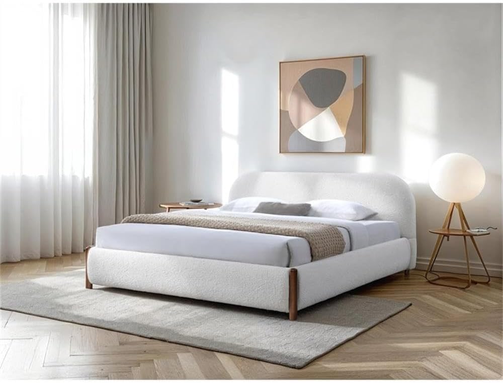 Pemberly Row Upholstered Platform King Bed, White Cream Bouclé Fabric, Solid Wood Legs, Durable Slat Base, No Box Spring Required, Modern Design, 38.2' H x 85.3' W x 87.8' D, Cozy Bedroom Furniture