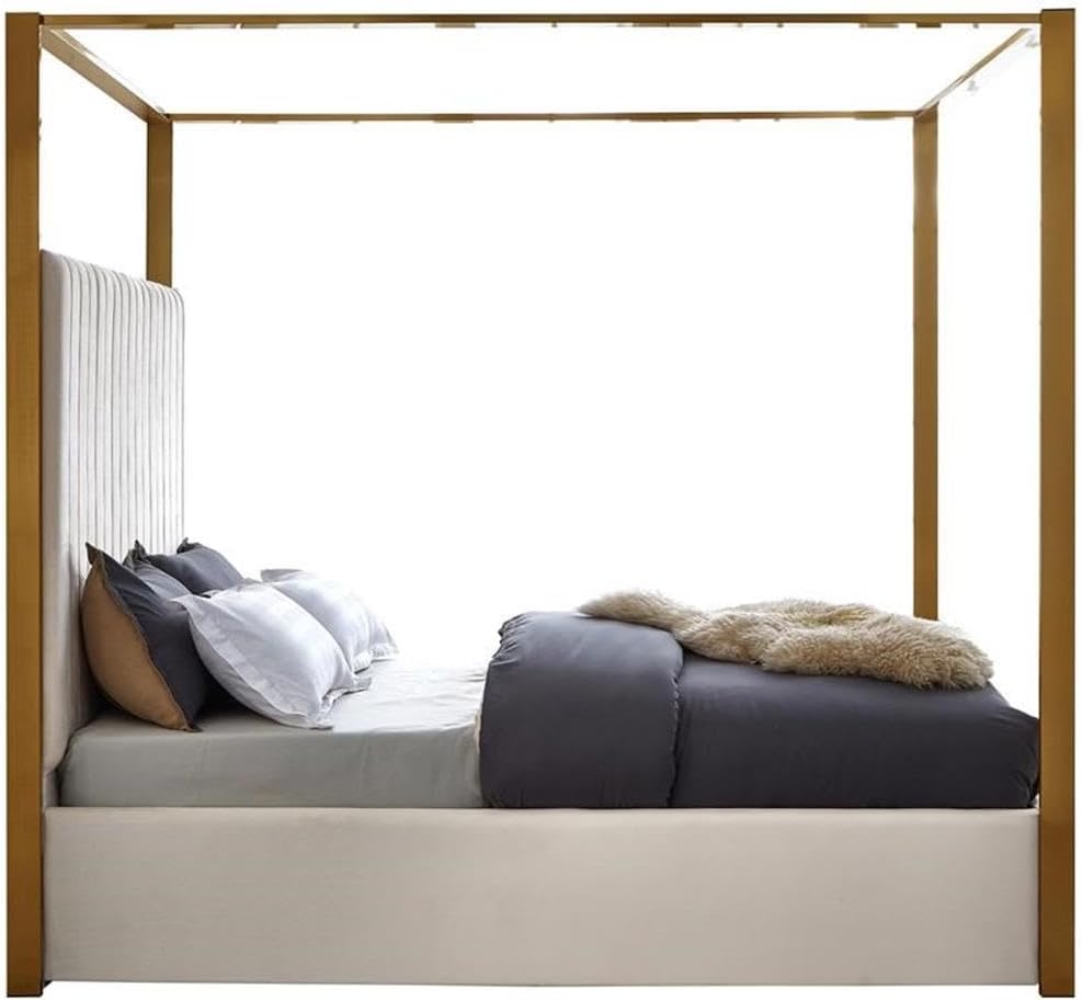 Meridian Furniture JonesCream-Q Jones Collection Modern | Contemporary Upholstered Queen Bed, Cream Velvet, Channel Tufting, Brushed Brass Frame, 66.5' W x 86.5' D x 79' H, Cream, Queen
