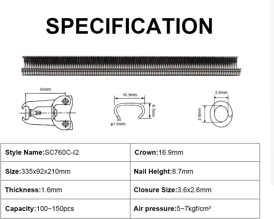 SC760C-I2 Pneumatic Hog Ring Gun, 16 Gauge 1/2' Crown Hog Ring Pliers, 2.6-3.6 mm Closure, Short Magazine Lightweight Air C Ring Stapler for Fencing, Upholstery, Pet Cages, and Bag Closing
