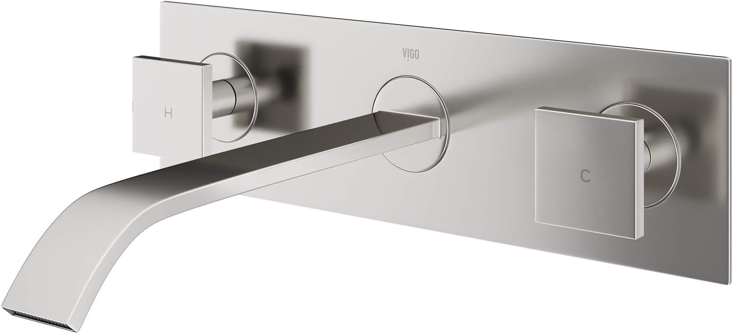VIGO Titus Waterfall Two-Handle Three-Hole Wall Mount Bathroom Sink Faucet, Brushed Nickel, Modern Design, Solid Brass, 1.2 GPM WaterSense & Ceramic Disc Valve, Corrosion-Resistant