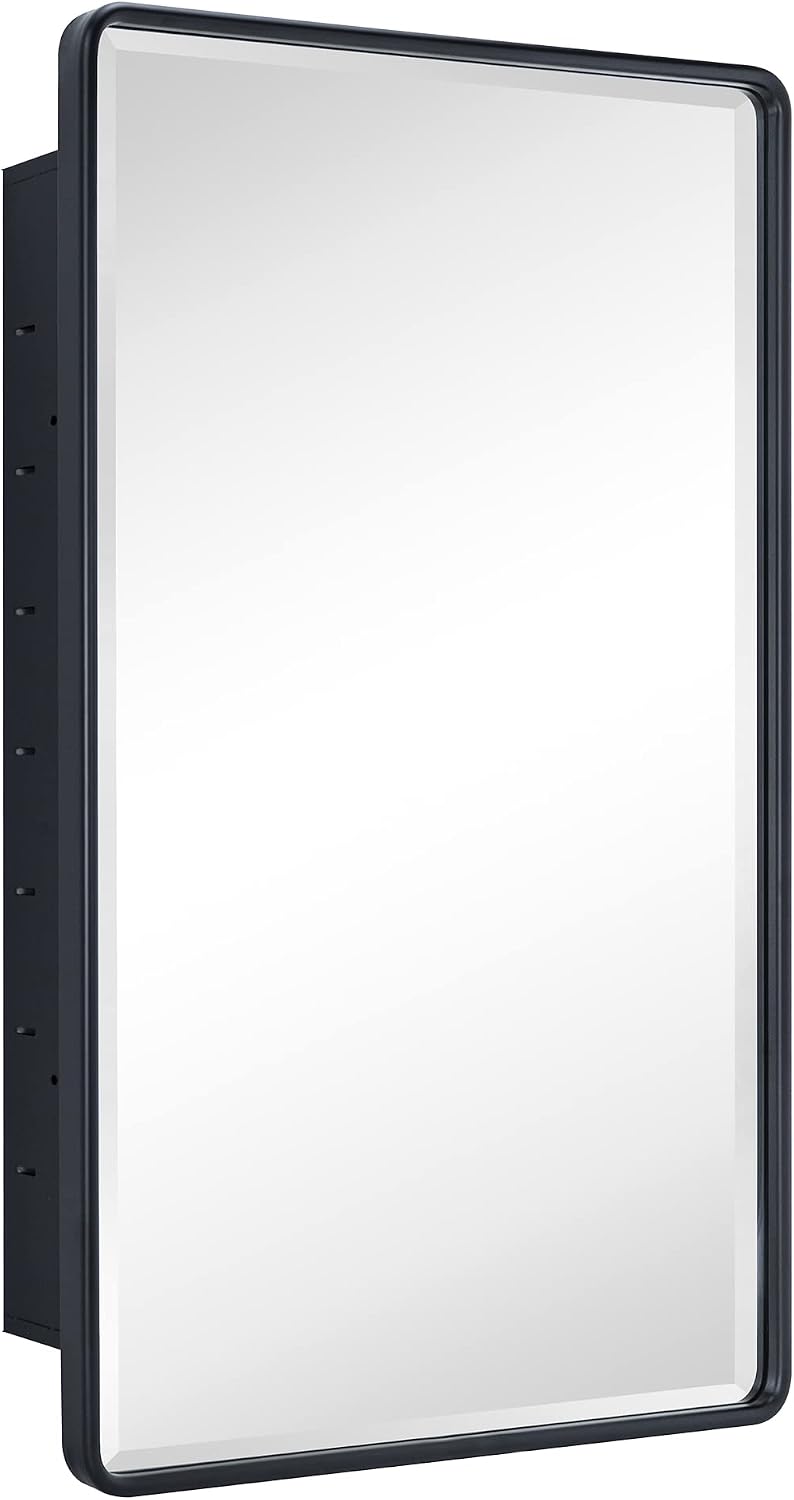 TEHOME Farmhouse Matt Black Recessed Bathroom Medicine Cabinet with Mirror Rounded Rectangle Metal Framed Medicine Cabinet with Beveled Mirror 21x34''