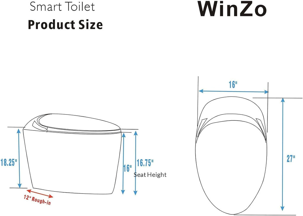 WinZo Luxury Smart Toilet With Bidet Built In, Elongated Egg Shaped Modern Design, Auto Open Auto Flush, Adjusted Heated Seat, Warm Water and Dryer, Night Light, Side Buttons, White