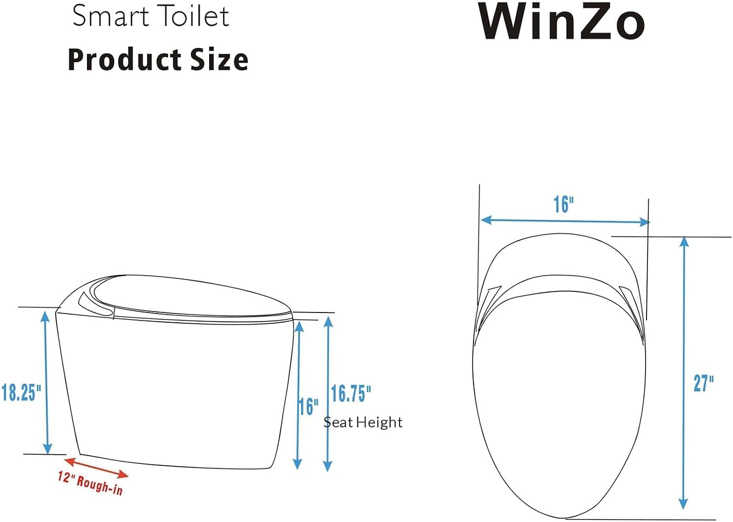 WinZo Luxury Smart Toilet With Bidet Built In, Elongated Egg Shaped Modern Design, Auto Open Auto Flush, Adjusted Heated Seat, Warm Water and Dryer, Night Light, Side Buttons, White