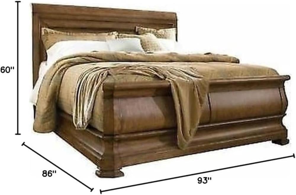 MAKLAINE Contemporary King Wooden Sleigh Bed, Cognac Brown Finish, 86W x 93D x 60H Inches, Sturdy Wood Frame, Box Spring Required, Elegant Bedroom Furniture