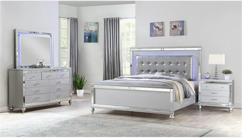 Sterling King 4 PC LED Bedroom Set Made with Wood in Silver