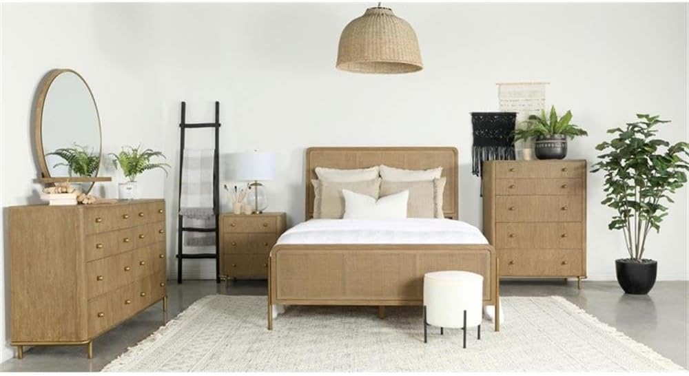 Pemberly Row 4-Piece Eastern King Bedroom Set, Sand Wash Finish, Solid Wood and Natural Cane, Includes Bed, Nightstand, Dresser, Mirror, Mid-Century Modern Style, USB Ports, Storage, Elegant Retreat