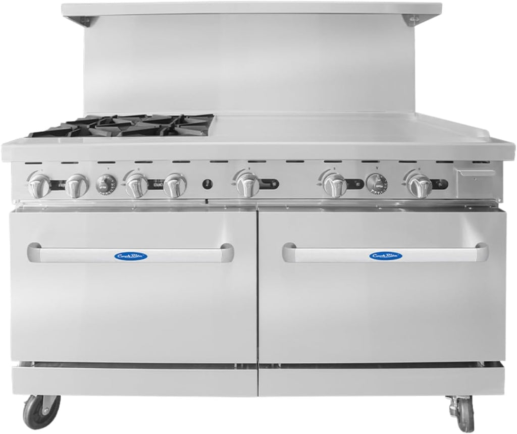 CookRite Commercial Natural Gas Range 4 Burner Hotplates With 36' Manual Griddle 2 Standard Ovens 60'' Restaurant Range - 229,000 BTU