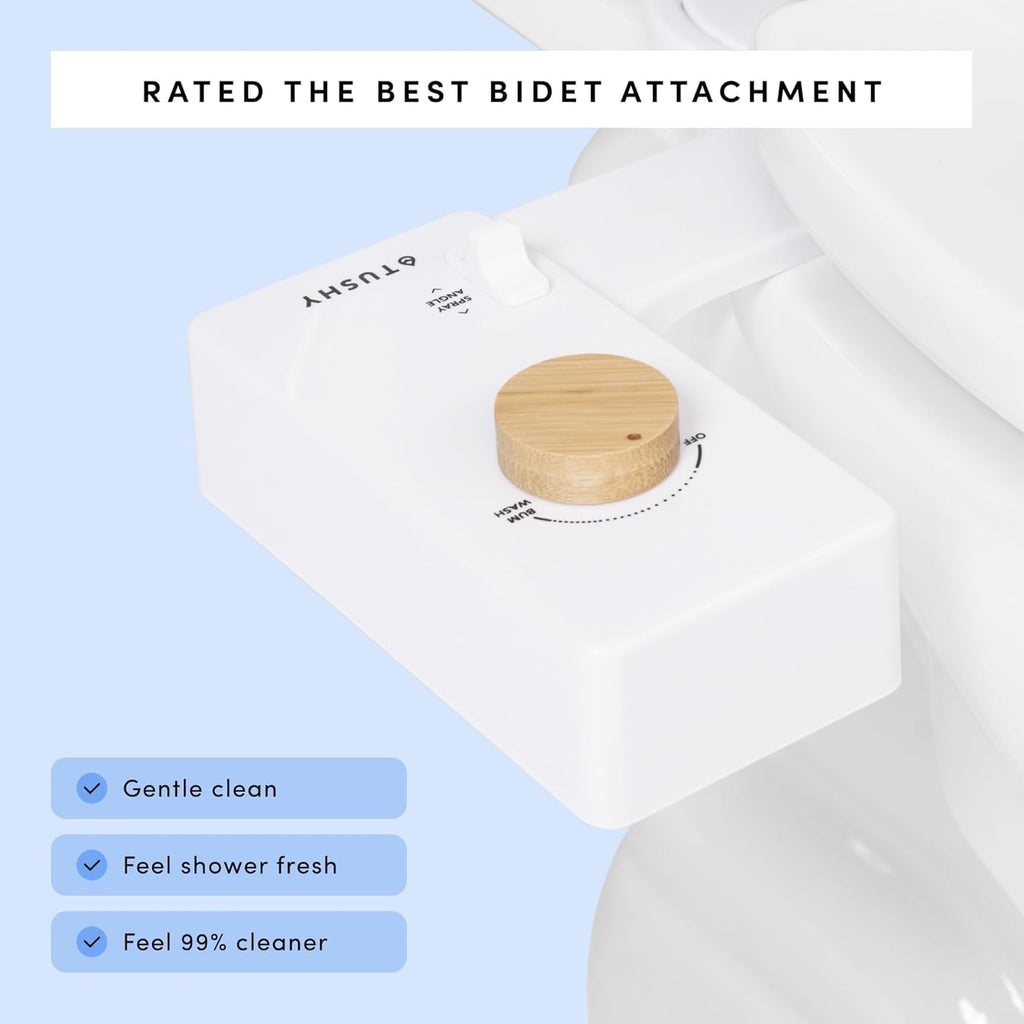 TUSHY Classic 3.0 Bidet Toilet Seat Attachment - a Non-Electric Self Cleaning Water Sprayer with Adjustable Water Pressure Nozzle, Angle Control & Easy Home Installation (Biscuit/Bamboo)