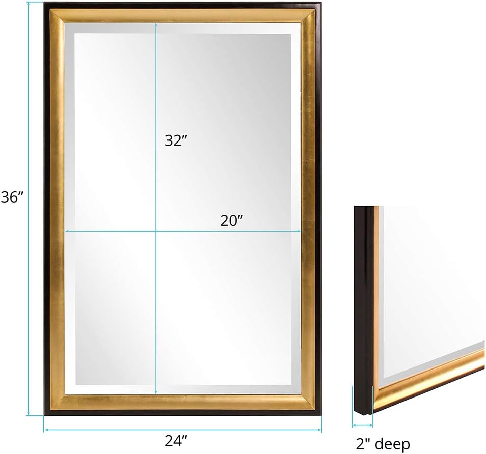 Howard Elliott Collection Cagney rectangular wall mirror with black and gold leaf finish, wall-mounted accent vanity mirror for living room, entryway, or bedroom décor, measuring 36 x 24 inches