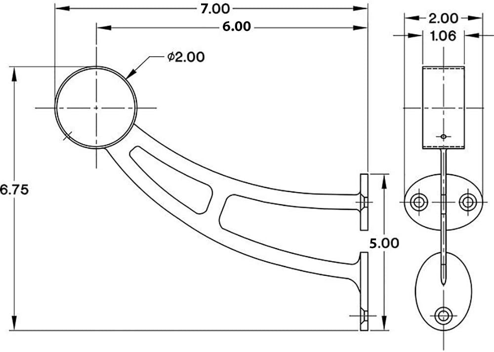 Solid Bar Mount Foot Rail Kit (Custom-Made), Brushed Stainless Steel Tubing (2 in OD, 10 ft = 60 in x 2 Long) w/Internal Connector, Bar Mount Foot Rail Bracket, Domed End Cap