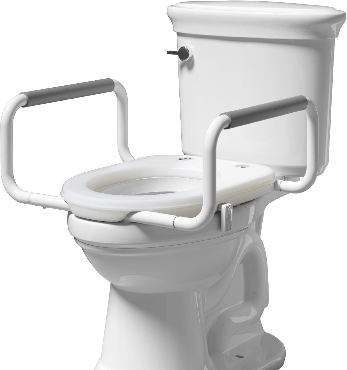 R&T 2' Toilet Seat Riser with Handles – Comfortable Raised Toilet Seat for Seniors, Fits for Elongated Toilets, Elevated Seat with Soft Grey Padded Arms for Bathroom