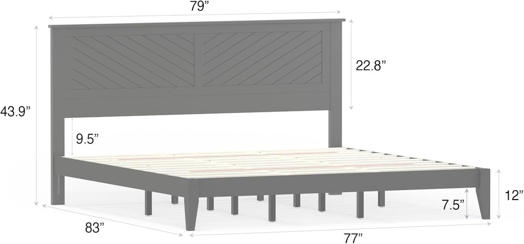 ComfIQ Solid Wood Platform Bed with Wooden Slats – Durable Frame, No Box Spring Required, Ample Underbed Storage, Black, King, Bed and Chevron Headboard