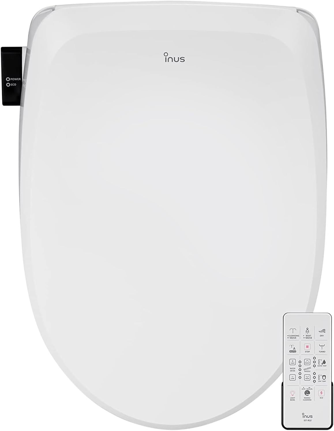 Inus R32 Electric Heated Bidet Toilet Seat Elongated, Warm Water, Smart Heated Water Luxury Bidet Toilet Seat with Remote Control, Night Light, Air Dryer, Tankless & Temperature Control, Easy Removal