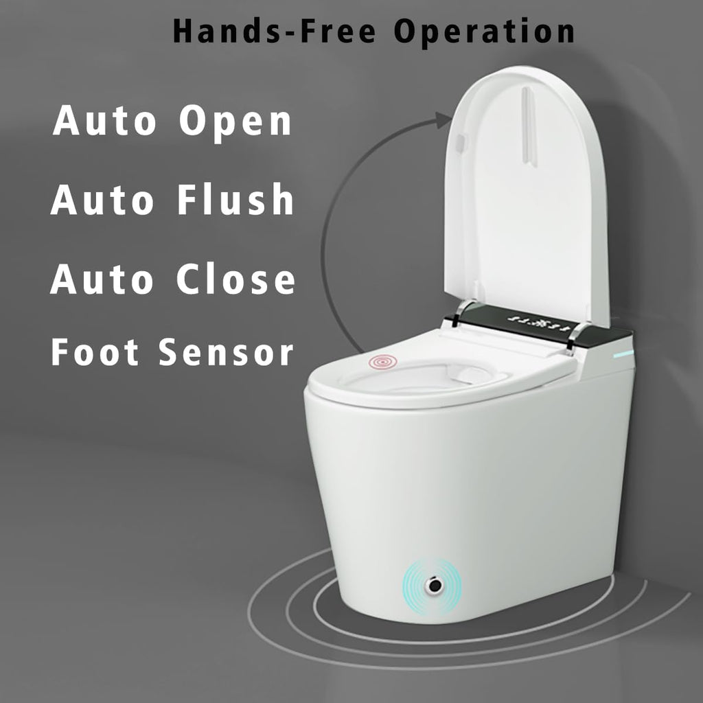 Compact Smart Toilet with Bidet Seat Built in, Tankless with 23.25' Depth, Auto Open Auto Flush, Heated Seat, Instant Warm Air Dryer for Small Bathrooms, White with Black Panel