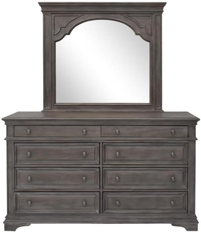 Pemberly Row King Panel Bed, Driftwood Gray Wood Frame, Upholstered Button Tufted Cream Fabric Headboard, Distressed Finish, Hardwood Solids and Veneers, Classic Bedroom Furniture, Requires Box Spring