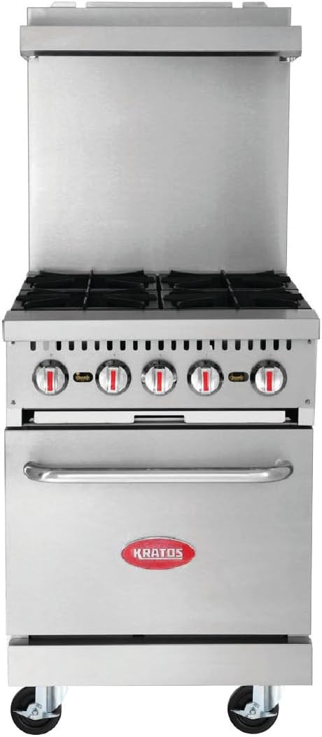 Kratos 24' Wide Commercial Gas Range with Four Burners and Standard Oven, Stainless Steel Mobile Range for Restaurants, 150,000 Total BTU, Natural Gas
