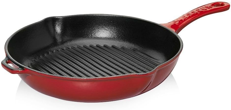 Chasseur Red Enameled Cast Iron Grill Pan (10.25') – Handcrafted Round Indoor Griddle with Cast Iron Handle – Non-Toxic, Easy-Clean Enamel for Even Heating and Professional Sear Marks