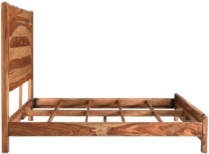 Pemberly Row Modern Live Edge Solid Wood King Panel Bed, Brown Finish, 63' H x 80' W x 86.5' D, Sheesham Wood, Natural Grain, Sturdy Design, Requires Box Spring, Bedroom Furniture