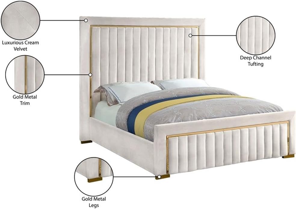 Meridian Furniture Dolce Collection Modern | Contemporary Velvet Upholstered Bed with Luxurious Channel Tufting and Gold Metal Trim/Legs, Queen, Cream