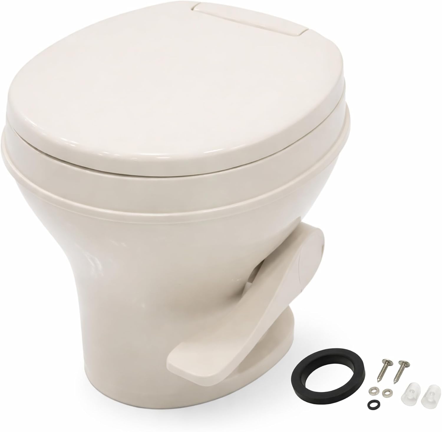 SEAFLO Bone RV Toilet, Residential Height 18.4', Gravity Flush Foot Pedal, Soft Close Seat, Camper Toilet for RV Motorhome Travel Trailer, Parchment, SFRTPH-02-01, 4-Year Warranty