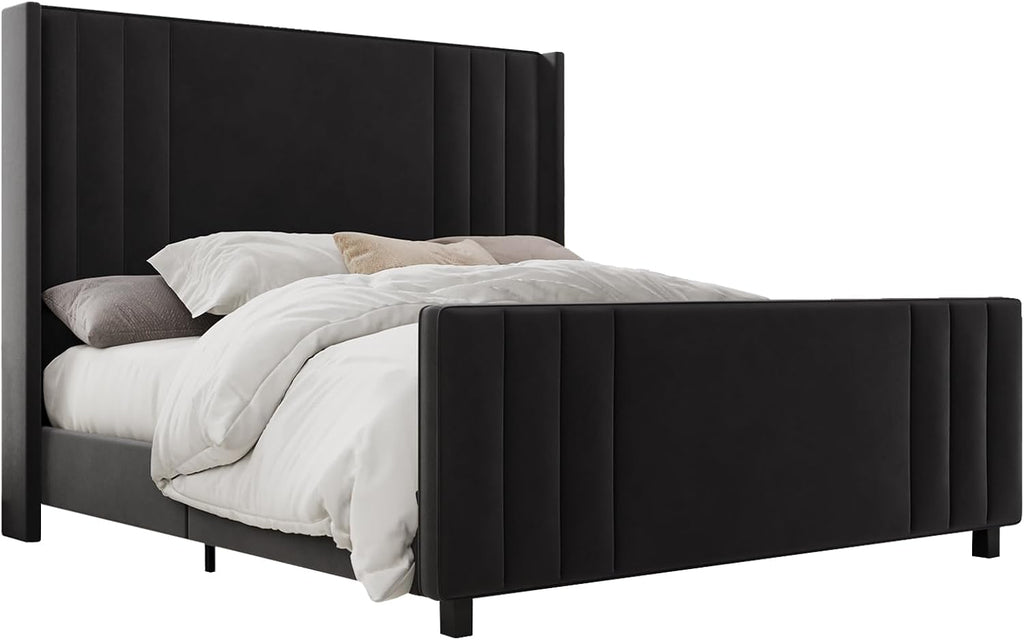 Albott King Size Platform Bed Frame, Upholstered Bed with Vertical Channel Tufted Wingback Headboard & Footboard, Premium Velvet, No Box Spring Needed, Black